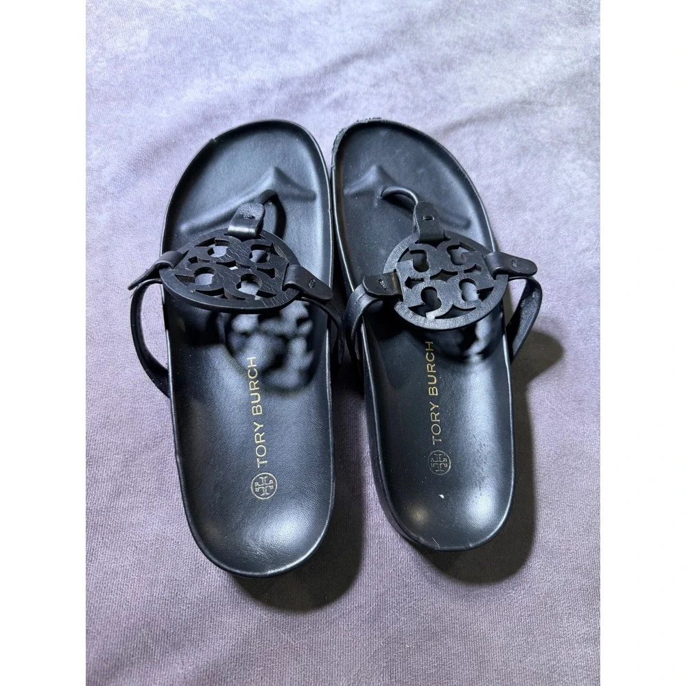 Tory Burch Miller Cloud Black Leather Logo Thong Sandals Womens 9